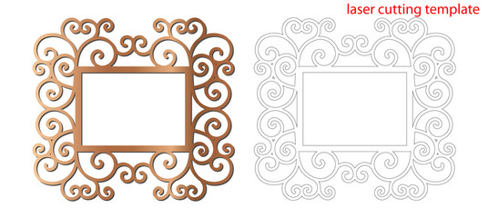 Laser cut photo frame with ornamental swirl for decoration design. Laser cut wood or metal lace frame. Ornamental pattern cutout photoframe, template for cutting. Vector illustration.