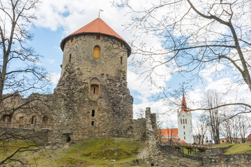 Obraz premium City Cesis, Latvia Republic. 13th century castle with park in spring.