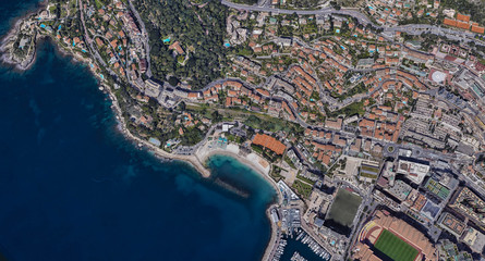Monaco coast on the Mediterranean sea from the height of a drone flight