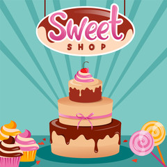 Concept Of Birthday Celebration, Kids Party Planning. Confectionery Store Advertisement. Sweet Shop Composition With Showcase with Chocolate Cake, Candy And Muffins. Cartoon Flat Vector Illustration