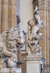 Fancelli's ancient lion - Medici lion. Marble sculpture displayed at the Loggia dei Lanzi. The Rape of the Sabine Women on background. Piazza della Signoria, Florence, Italy. Focus on background.
