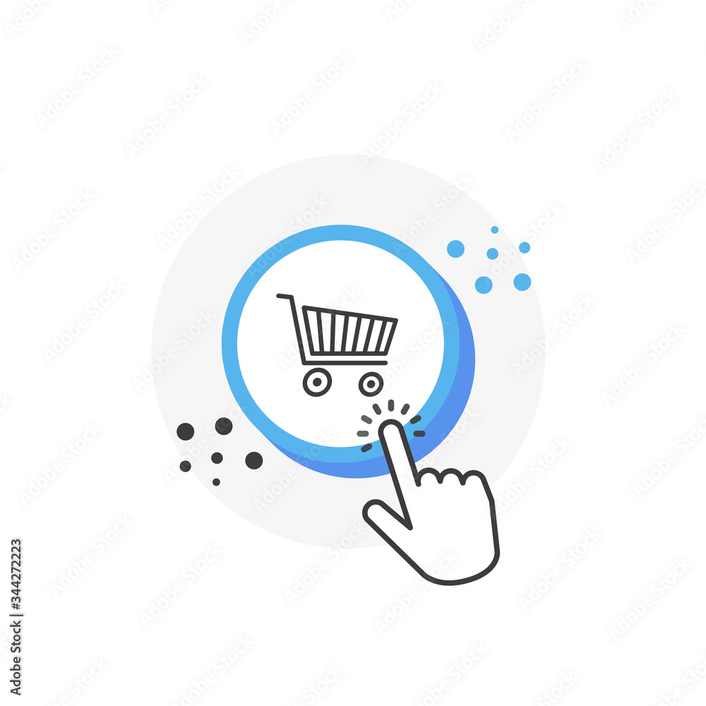 Poster buy blue 3d circles button with hand pointer clicking. white background. vector