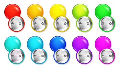 Realistic blank badges collection. Colorful 3D glossy round button. Pin badge mockup. Vector illustration.