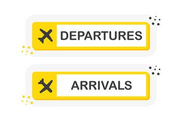 Information panel on the direction of arrivals and departures at airports. Yellow banners of flat style isolated on white background. Vector.