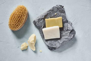 Natural ingredients and accessories for diy cosmetics and home spa treatment on turquoise...