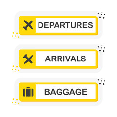 Information panel on the direction of arrivals and departures and baggage at airports. Yellow banners of flat style isolated on white background. Vector.