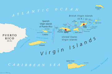 British, Spanish and United States Virgin Islands political map. Archipelago in the Caribbean Sea. British overseas territory and unincorporated territories of the United States. Illustration. Vector.