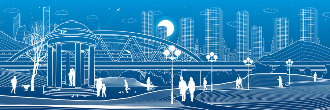 Illustration of urban rest in the park. Train rides on bridge. Garden house. Relaxation infrastructure. Evening city scene. People walking. White lines on blue background. Vector design art