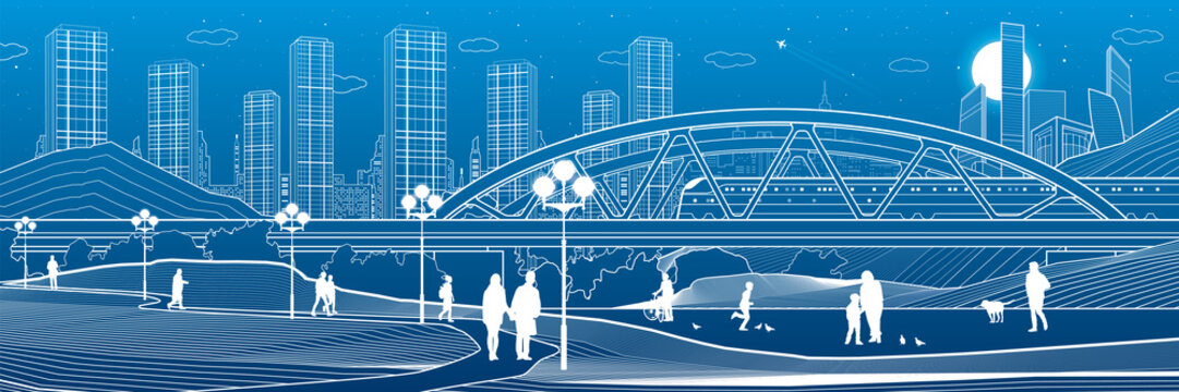 Illustration of urban rest in the park. Train rides on bridge. Relaxation infrastructure. Evening city scene. People walking. White lines on blue background. Vector design art