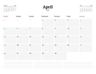 Calendar template for April 2020. Business monthly planner. Stationery design. Week starts on Sunday.