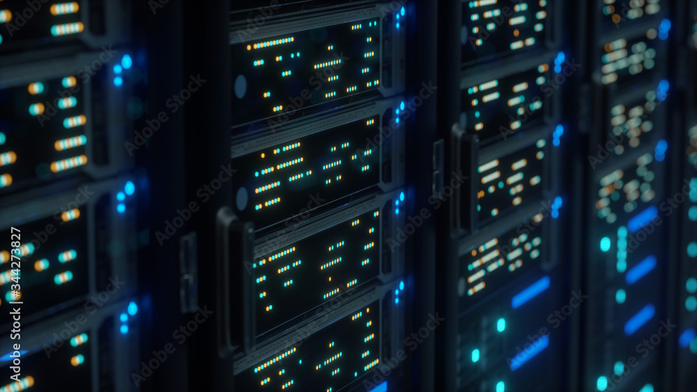 Poster modern interior server room data center. connection and cyber network in dark servers. backup, minin