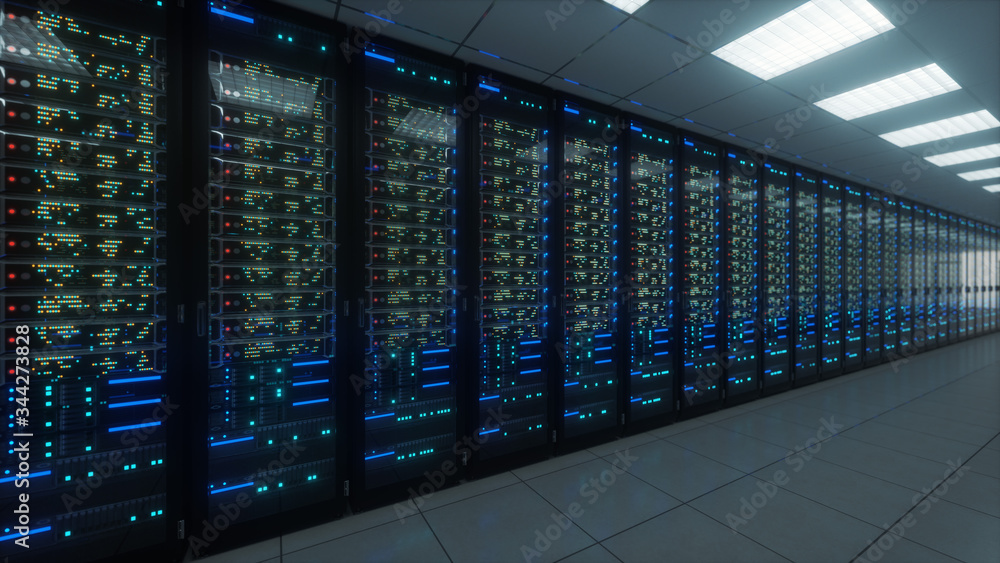 Poster modern interior server room data center. connection and cyber network in dark servers. backup, minin