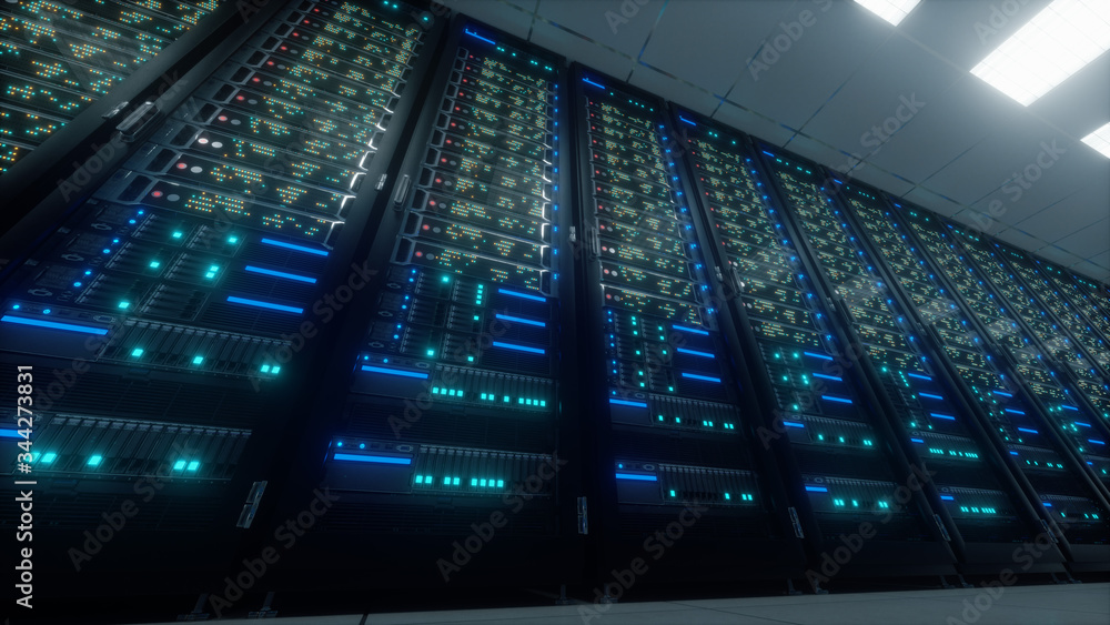 Poster modern interior server room data center. connection and cyber network in dark servers. backup, minin