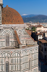 The dome of the Basilica di Santa Maria del Fiore (Basilica of Saint Mary of the Flower). View from Giotto's Campanile. Florence, Tuscany, Italy.