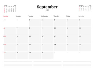 Calendar template for September 2020. Business monthly planner. Stationery design. Week starts on Sunday. - obrazy, fototapety, plakaty