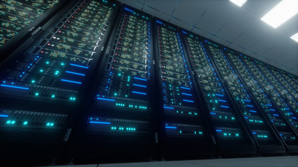 Modern interior server room data center. Connection and cyber network in dark servers. Backup, mining, hosting, mainframe, farm, cloud and computer rack with storage information. 3D rendering