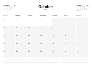 Calendar template for October 2020. Business monthly planner. Stationery design. Week starts on Sunday.
