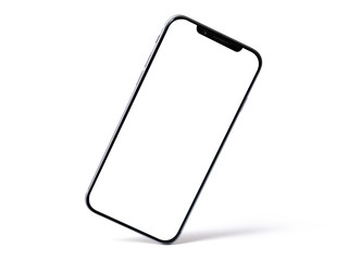 Smartphone mockup, phone with blank screen and shadow isolated on white background. Symbol of lightness freshness airiness. Modern technologies social networks and applications. Copy space