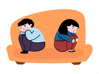 A man and a woman had a fight. A man and a woman sit on the sofa in resentment. Family problem. Isolated vector illustration on a white background.