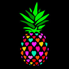 Pineapple vector illustration. Multicolored pineapple in hearts on black background.