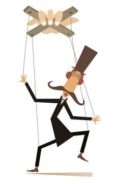 Puppet men concept illustration. Long mustache man in the top hat is controlled by cords like puppet isolated on white
