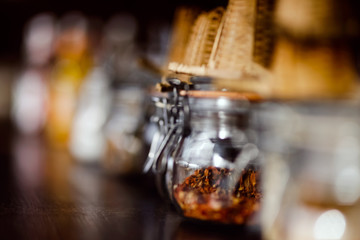 Tea accessories on the bar in defocus