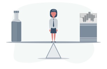 Woman standing on seesaw between an alcohol and a pack of cigarettes. Vector flat design illustration.