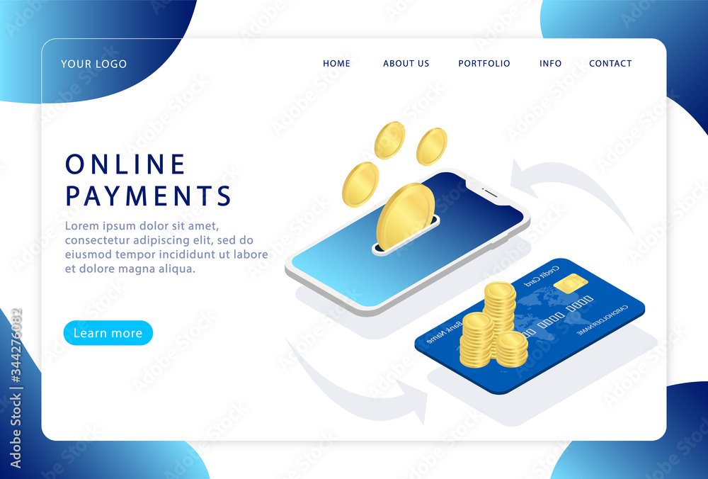 Poster online payments. mobile pay. landing page. modern web pages for web sites.