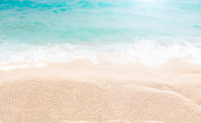 Fototapeta na wymiar Summer water background, coast of beach with white sand, tropical seascape, blurred background