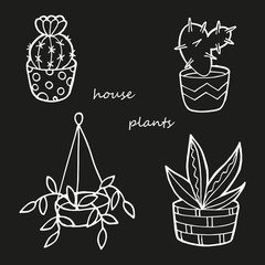 Hand drawn set with house plants. In doodle style, white outline isolated on black background. Cute element for card, social media banner, sticker, print, decoration kids playroom. Vector.