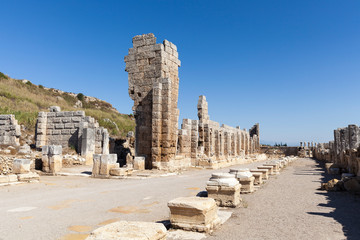view of the ancient city of Perge in Turkey Antalya.