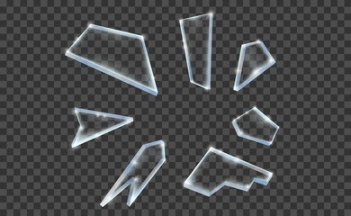 Glass shards realistic vector illustration. Set of transparent broken glass crash isolated on transparent black backdrop.