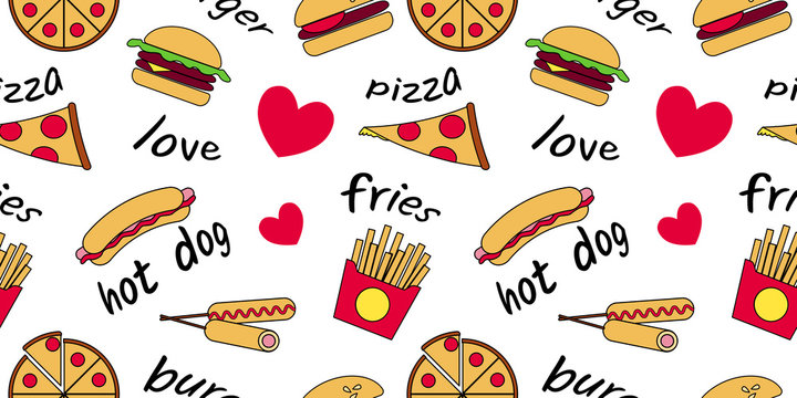 Fast food seamless pattern.Bright juicy icons and text on a white background.Hot dog, pizza, Burger, French fries, corn dog, I love fast food.