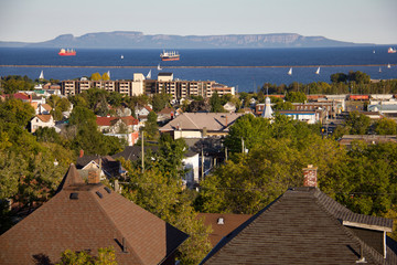 Overhead view of the town of Thunder Bay, Ontario, Canada and the ships in Lake Superior.