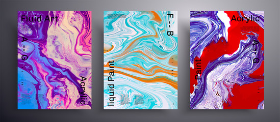 Abstract liquid banner, fluid art vector texture set. Artistic background that applicable for design cover, invitation, presentation and etc. Red, purple and golden creative iridescent artwork