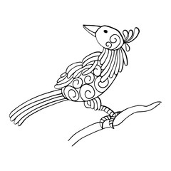 Bird on the branch. Hand drawn coloring page. Stock vector illustration.