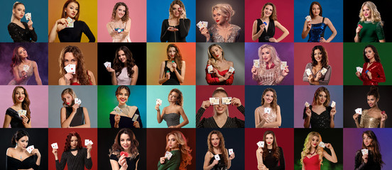 Fototapeta na wymiar Collage of females with make-up, in stylish dresses and jewelry. They smiling, showing aces and chips, posing on colorful backgrounds. Poker, casino