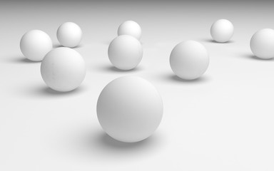 White abstract background. Set of white balls isolated on white backdrop. 3D illustration