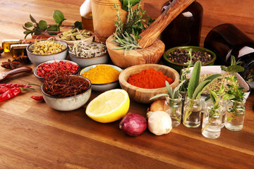 Spices and herbs on table. Food and cuisine ingredients with pepper