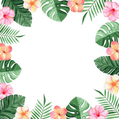 watercolor bright tropical square frame isolated on white background for card and banner design.Green palm leaves and color flowers borders