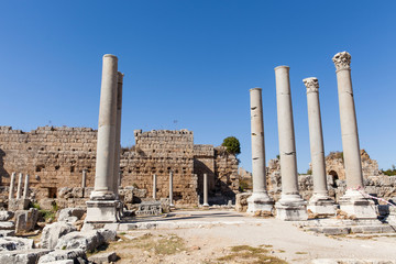view of the ancient city of Perge in Turkey Antalya.