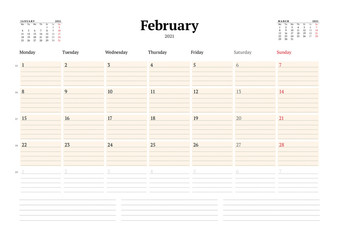 Calendar template for February 2021. Business monthly planner. Stationery design. Week starts on Monday.