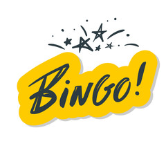 Bingo. Lettering Beautiful greeting card scratched calligraphy blue text word.Hand drawn invitation T-shirt print design.Handwritten modern brush lettering yellow white background isolated vector.