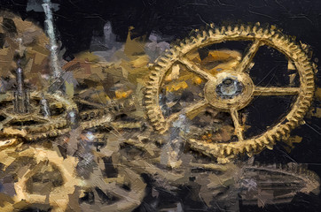 Impressionistic Style Artwork of Watch Parts: Collection of Vintage Metallic Watch Gears on a Black Surface