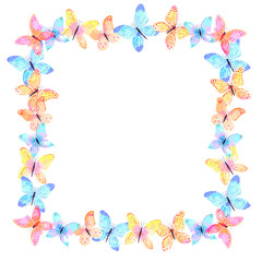 Frame with the butterflies in different colors, pink, blue, yellow isolated on the white background . Illustration for cards and invitations. Vector 