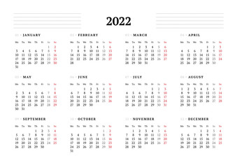 Calendar template for 2022 year. Stationery design. Week starts on Monday.