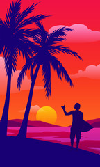 Surfer silhouette on beach with sunset paradise vintage poster