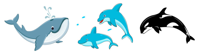 Dolphin, Whale and Killer Whale Fish cartoon set collection Vector illustration