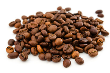 coffee beans isolated on white background. A pile of coffee beans.