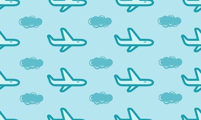 background seamless pattern of blue airplane and sky, vector graphic illustration design